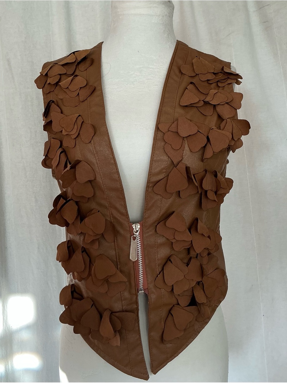 Rare Brown Floral Appliqué Faux Leather Vest - Women Jackets & Coats